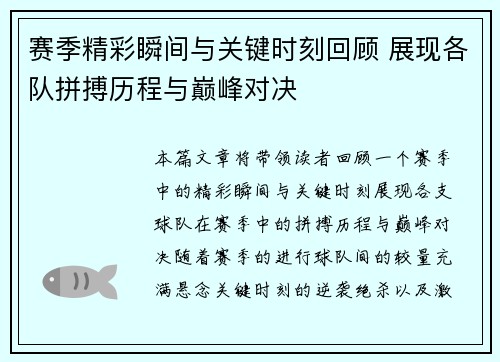 赛季精彩瞬间与关键时刻回顾 展现各队拼搏历程与巅峰对决